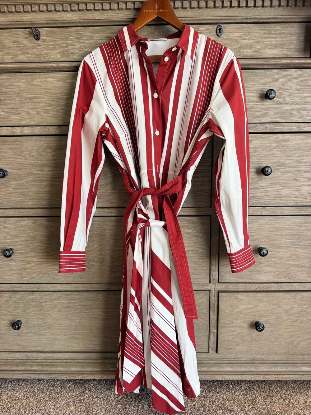 CELINE Red White Stripe Cotton Belted Shirt Dress Size 44 US 10